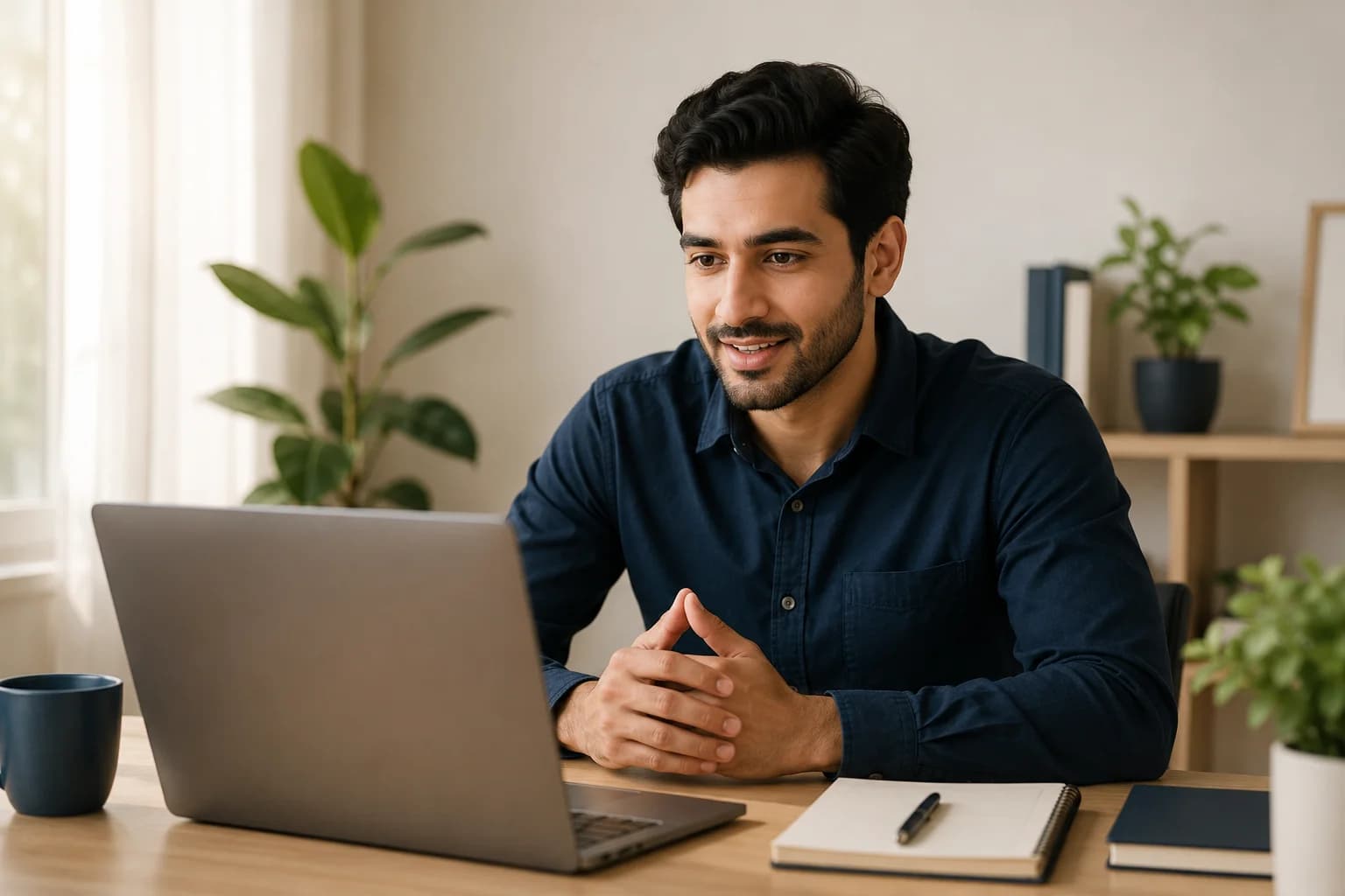 A candidate smiling during an interview call