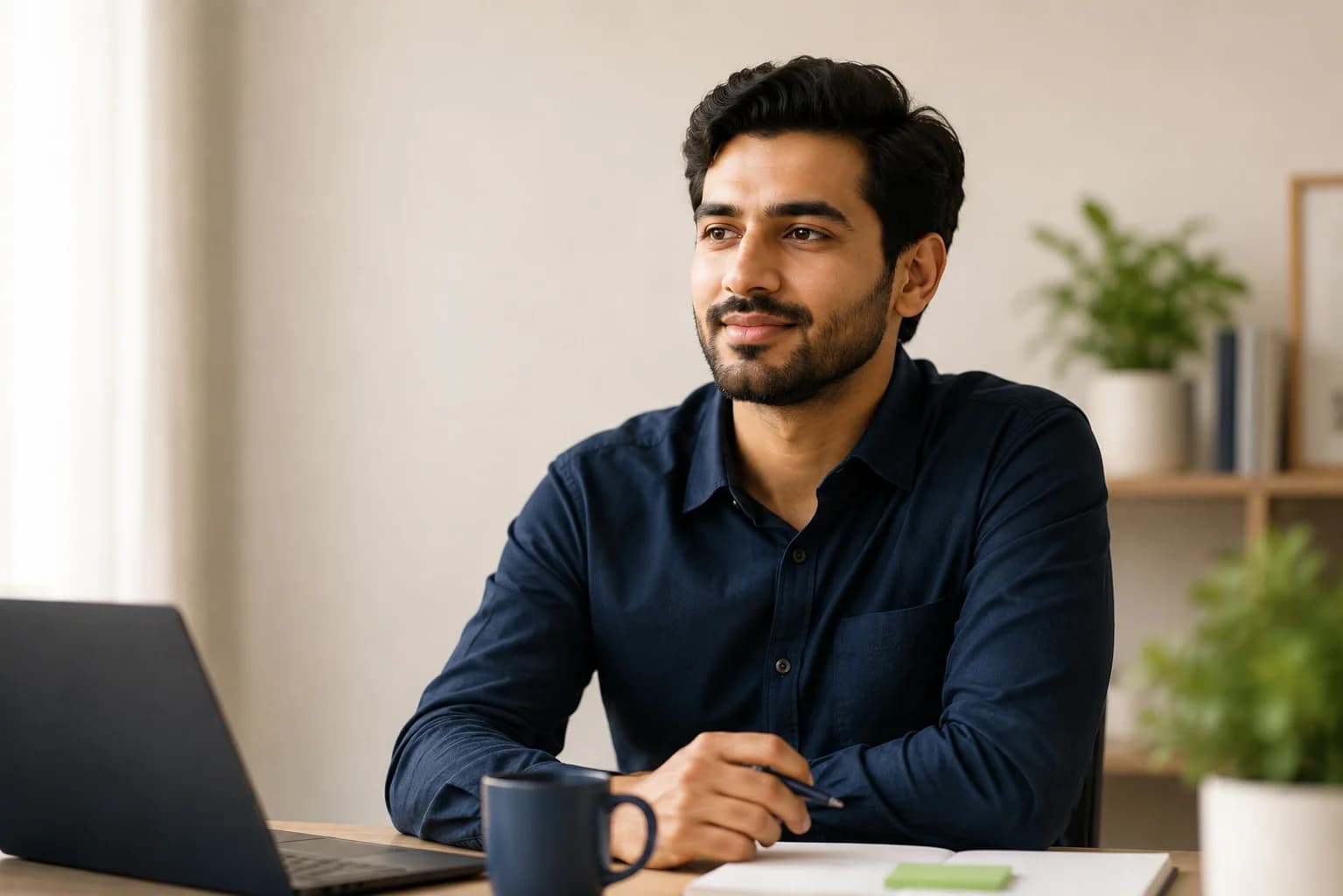 A professional at his desk, reflecting on his LinkedIn headline
